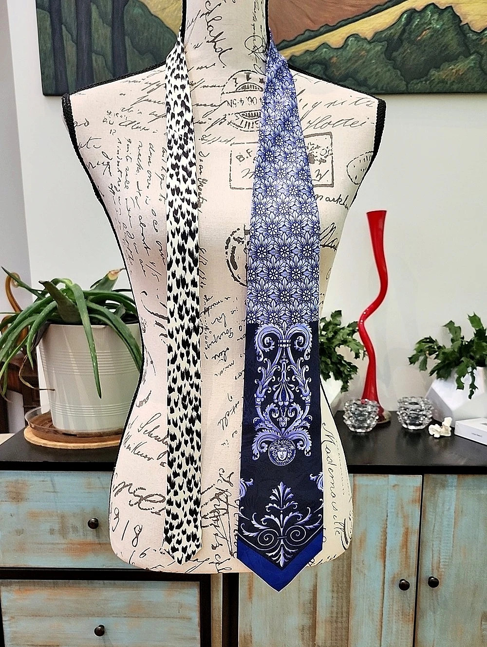 Gianni Versace Split Pattern Silk Tie with Medusa Emblem/Cheetah Print